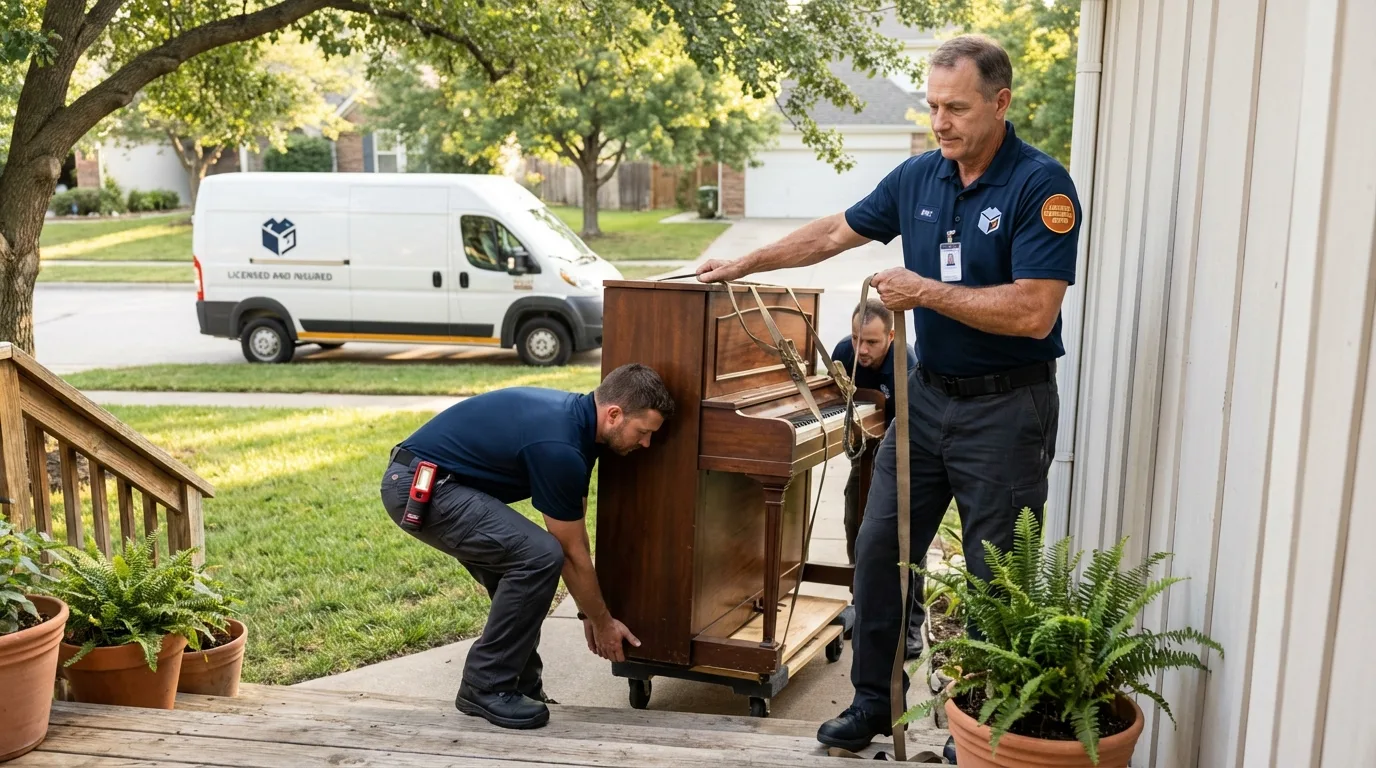 Licensed piano movers securing grand piano in Becket, MA