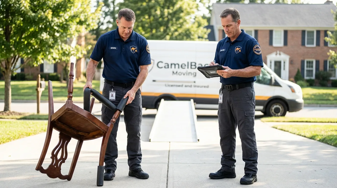 Movers inspecting furniture for damage prevention before loading in Becket, MA