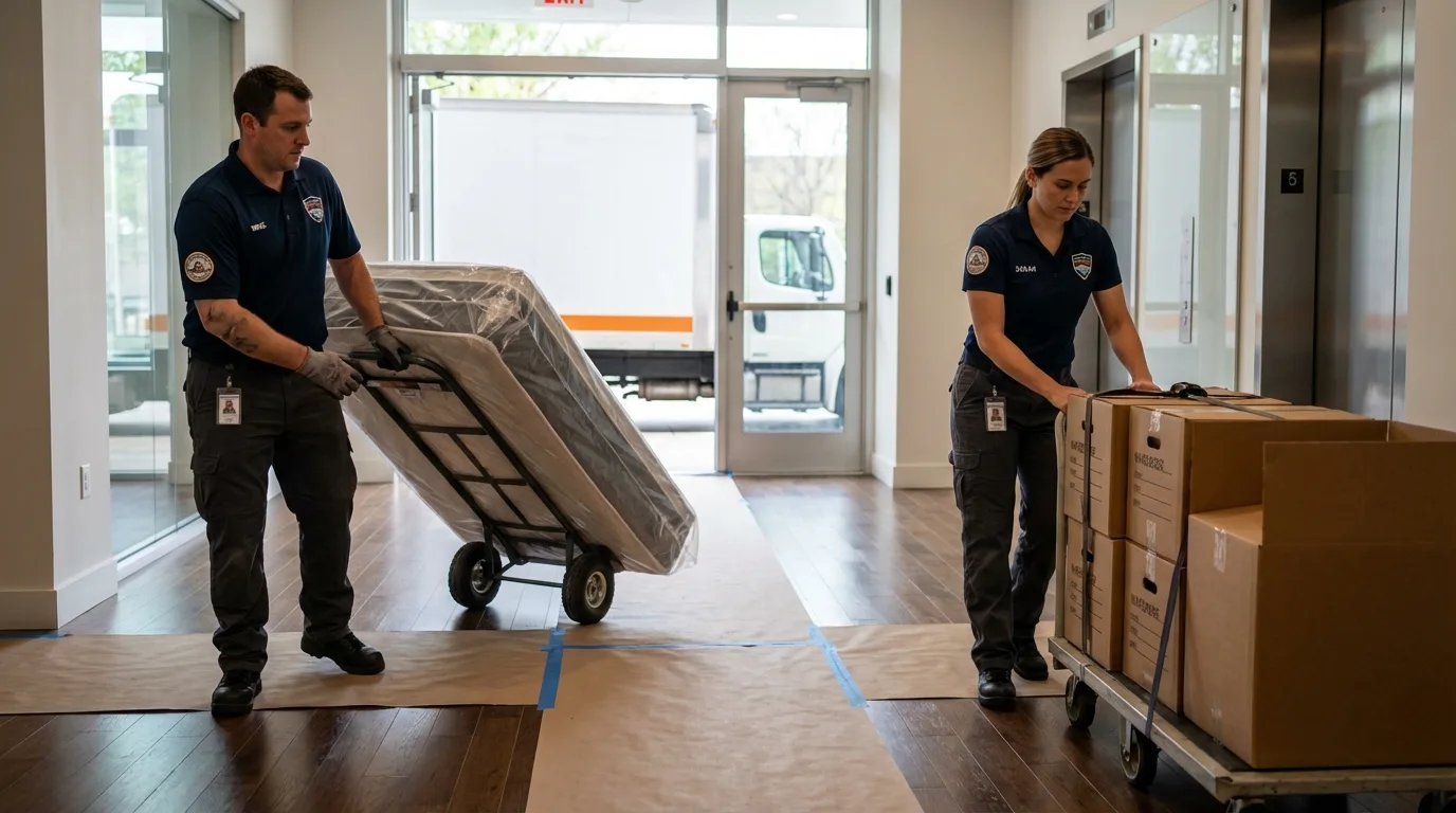 Professional apartment movers loading elevator in Becket, MA