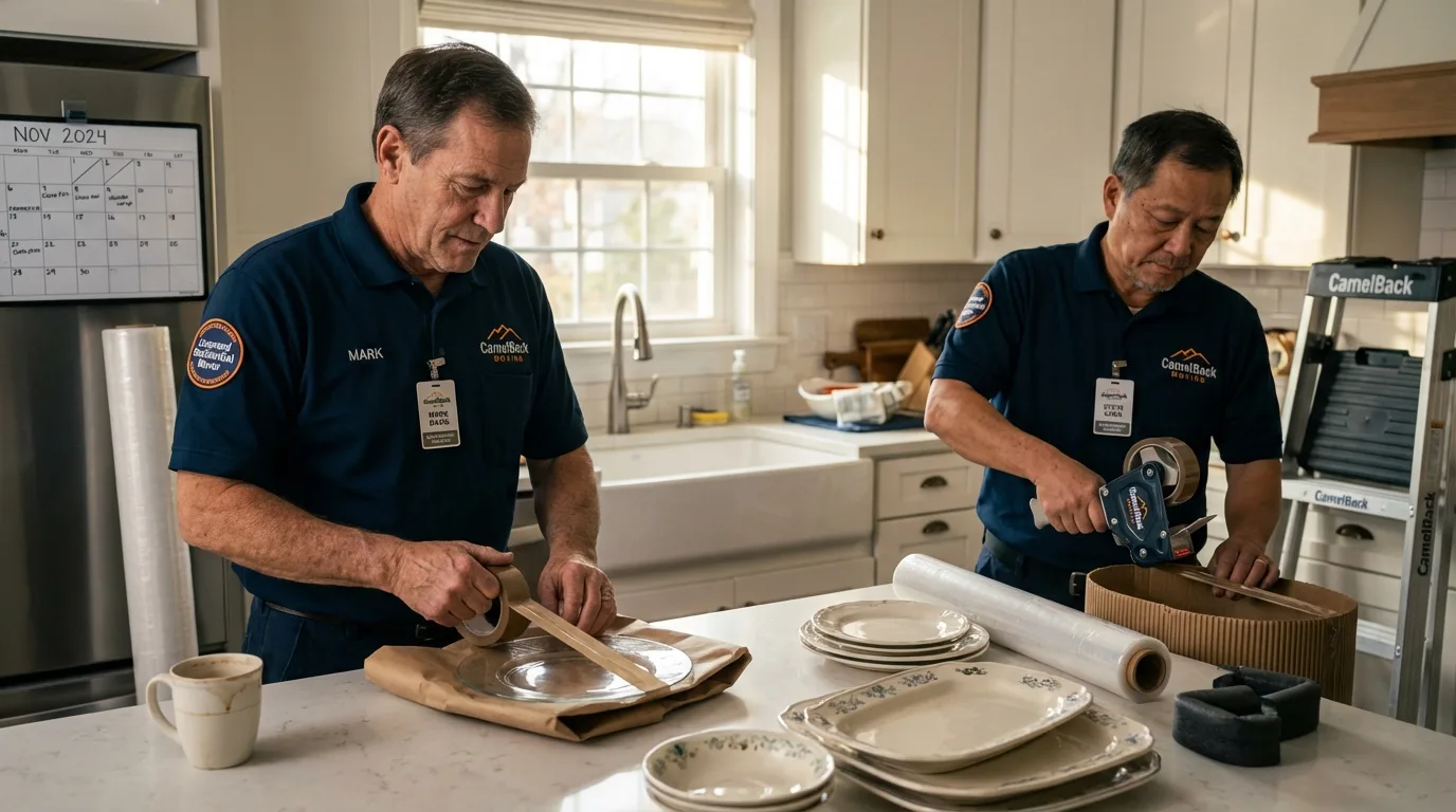 Professional crew packing kitchen dishware in Becket, MA